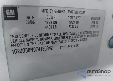 2007 Pontiac G6 z USA, uszkodzony, nr VIN 1G2ZG58N974135842